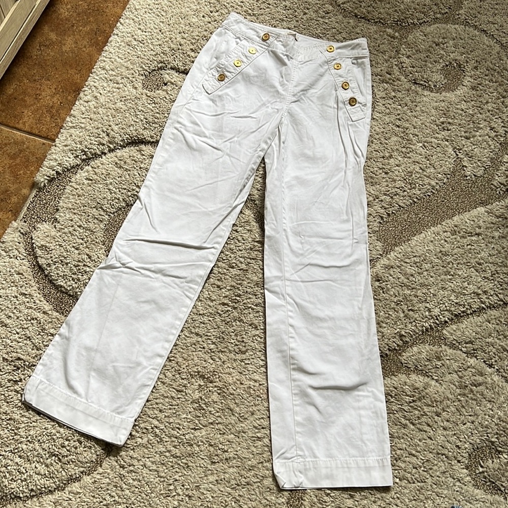 00 J. Crew White High Rise Flare Sailor Pants Double Zero J XS Gold Buttons Wide